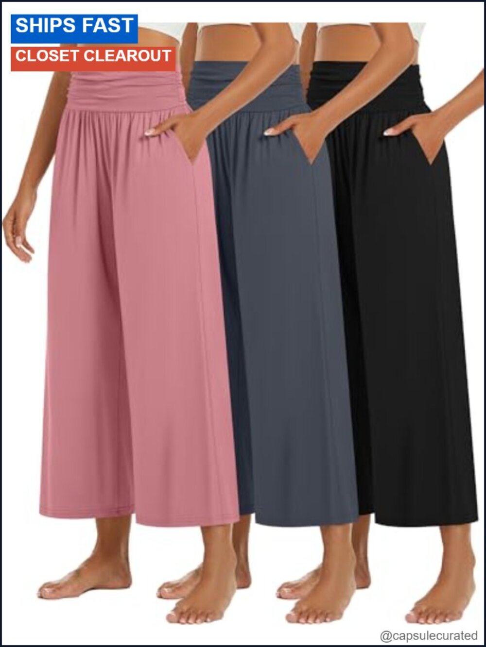 Women's Wide Leg Capri Pants High Waisted Pleated Lounge Yoga